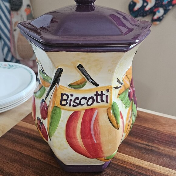 Nonnies hand painted ceramic cookie jar with purple top fruit motif - Picture 1 of 13